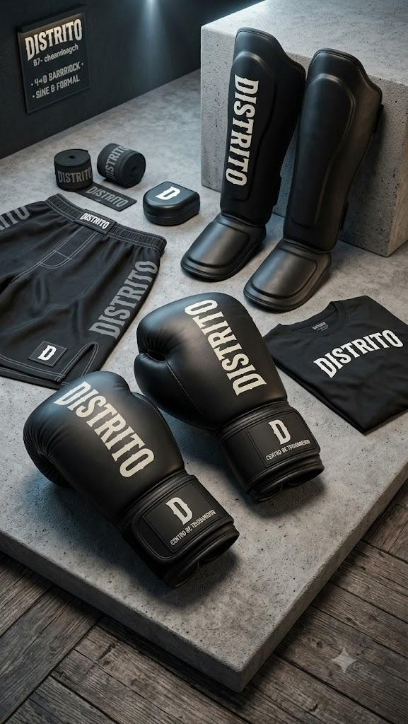 Linha oficial DISTRITO: luvas, caneleiras e wraps em matte black sobre concreto